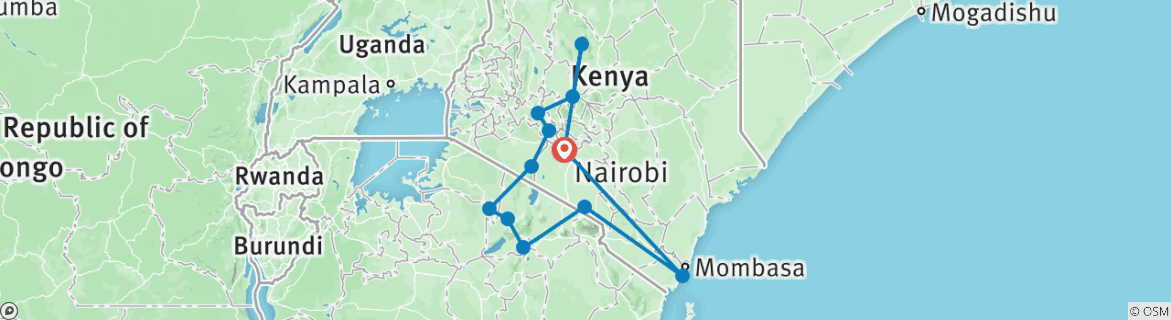 Map of 19-Days Best of Kenya, Tanzania & Diani Beach Holiday- High End