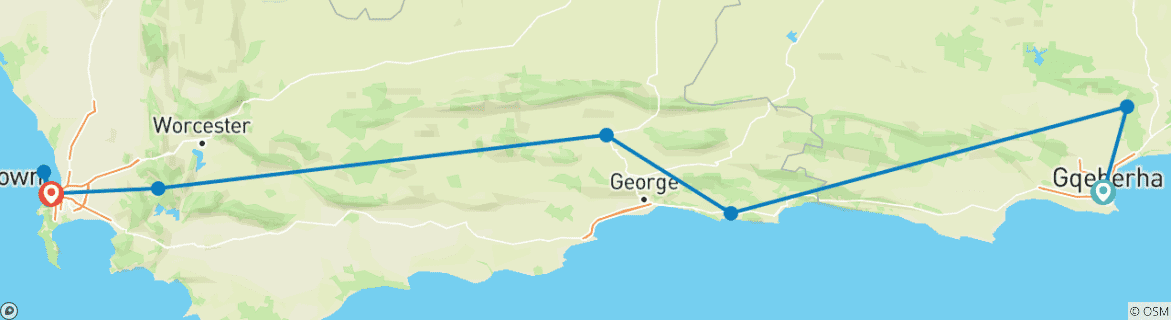 Carte du circuit Aventure privée personnalisée sur la Route des jardins en Afrique du Sud, départ quotidien