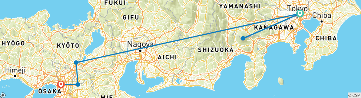 Carte du circuit 7 jours - Circuit classique du meilleur Japon en mini-groupe, max. 6 personnes et hôtels 3/4 étoiles