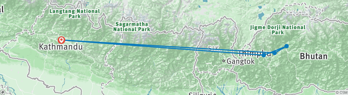 Map of BHUTAN 7 Days Adventure Tour