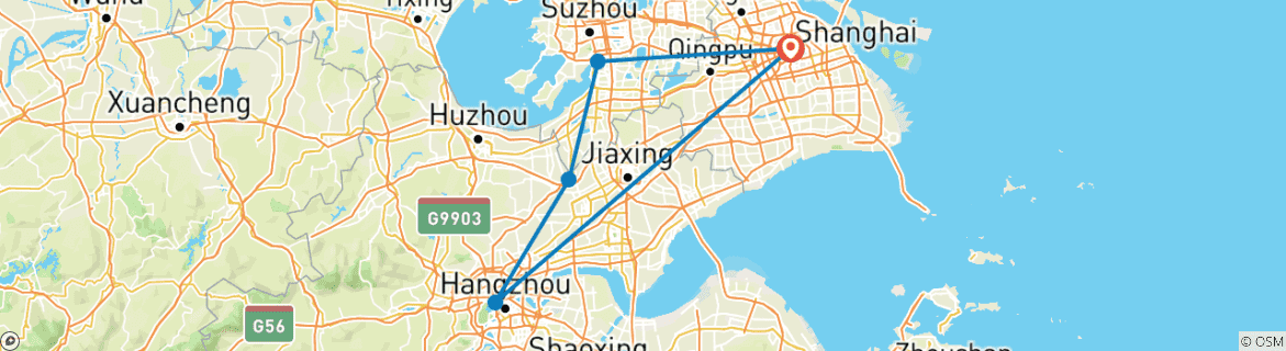 Map of Southern China Discovery 7Days: Shanghai, Suzhou, Wuzhen Water Town, Hangzhou