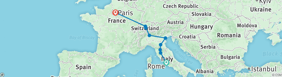 Map of European Wonderland (End Paris, 11 Days)