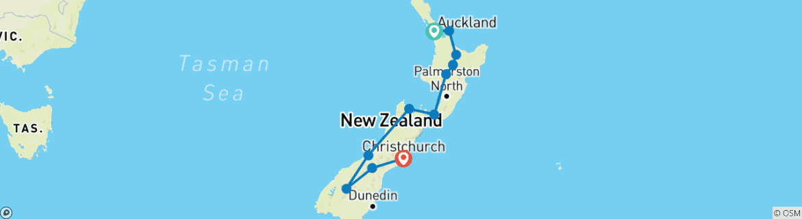 Map of 20 Day 'Tui' National Adventure Tour