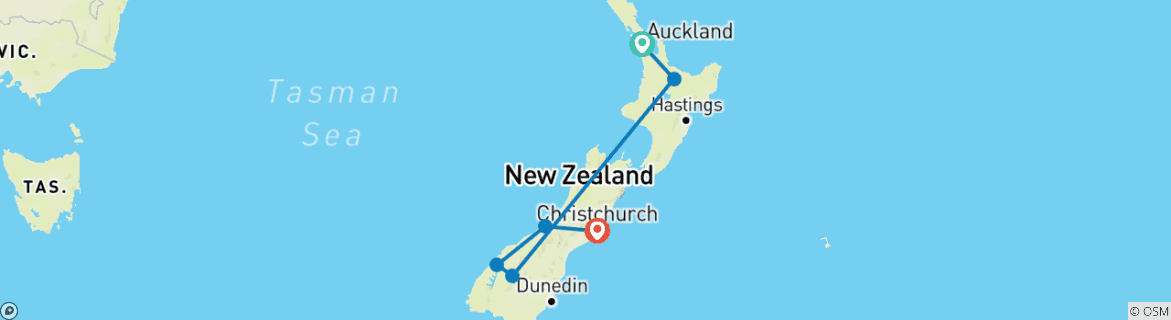 Carte du circuit NOUVELLE ZÉLANDE - 10 jours de découverte des îles du Nord et du Sud