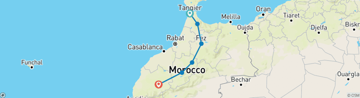 Mapa de Circuitos a Marruecos - privado 3 días de Tánger a Marrakech visitando Chefchaouen y Fez