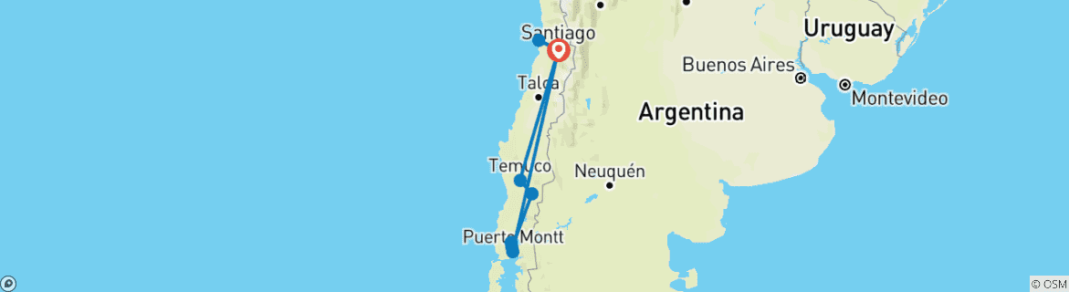 Map of Tailor-Made Chile Holiday to Santiago and Lakes District with Daily Departure