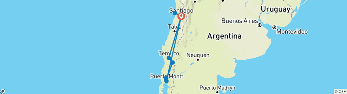 Carte du circuit Vacances sur mesure au Chili à Santiago et dans la région des lacs avec départ quotidien