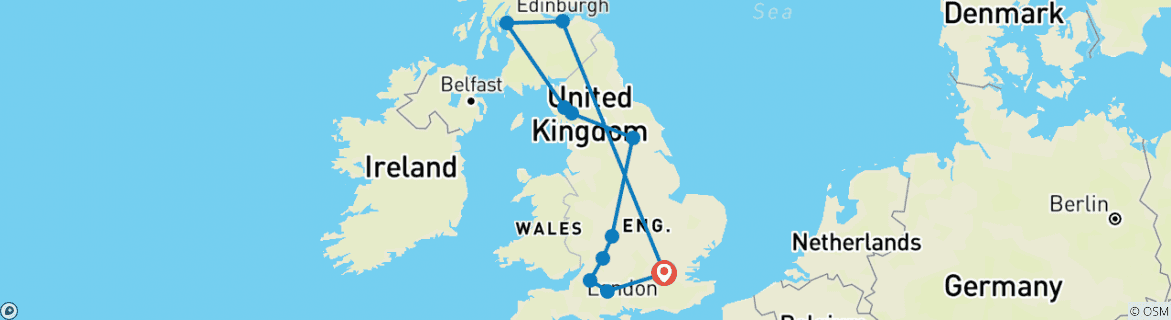 Map of Elegance of Great Britain (Small Groups, Start London, 13 Days)