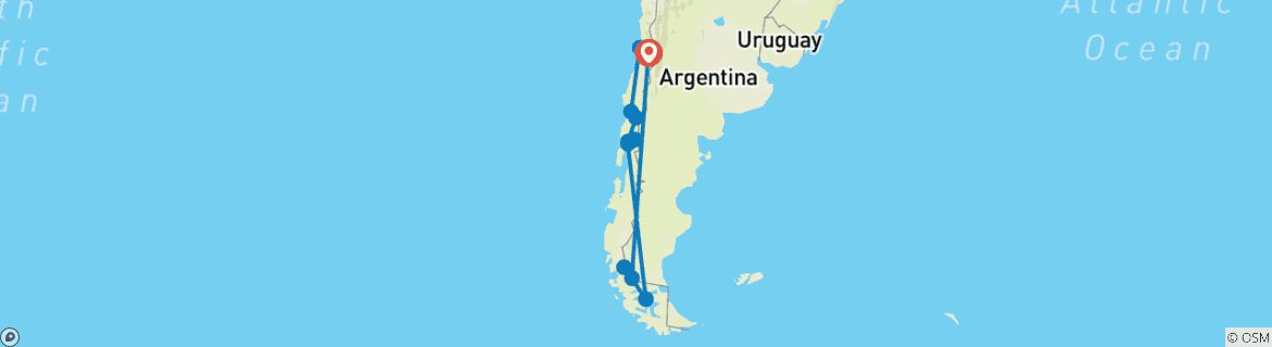Carte du circuit Circuit privé au Chili dans la région des lacs et en Patagonie avec rafting et trekking