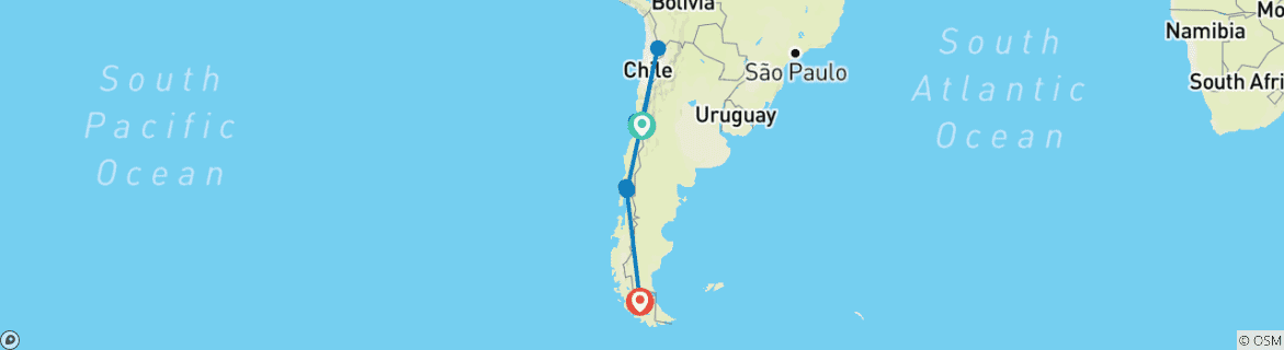 Kaart van 13-daagse reis Chili van noord naar zuid