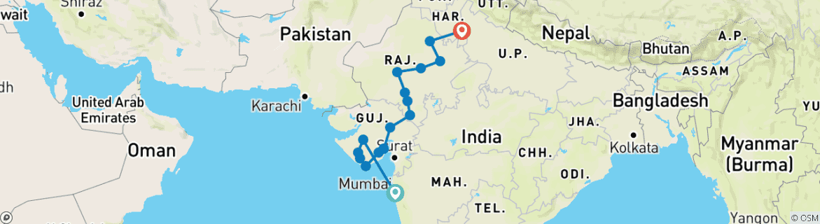 Mapa de Maravillas regias: un circuito por el vibrante Gujarat y el real Rajastán