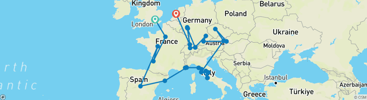 Carte du circuit Grand Européen (U S C A, 29 jours)