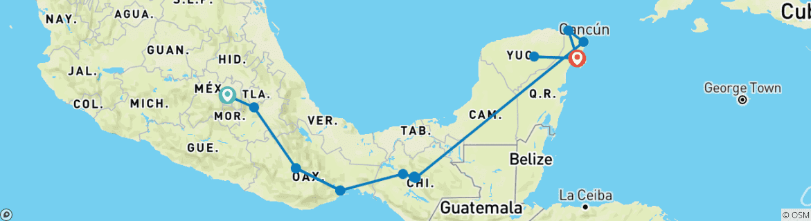 Image of a map showing the route of the tour