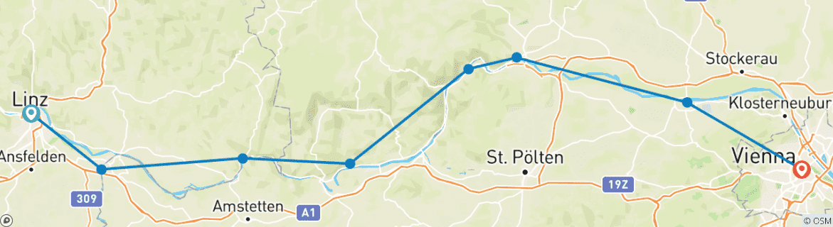 Map of Danube Cycle Path from Linz to Vienna for Families