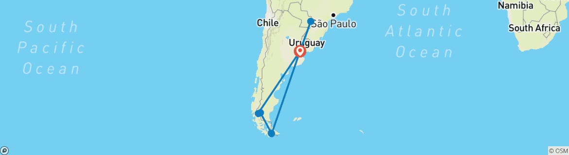 Carte du circuit Aventure personnalisée en Patagonie avec les chutes d'Iguazu, étoiles du jour