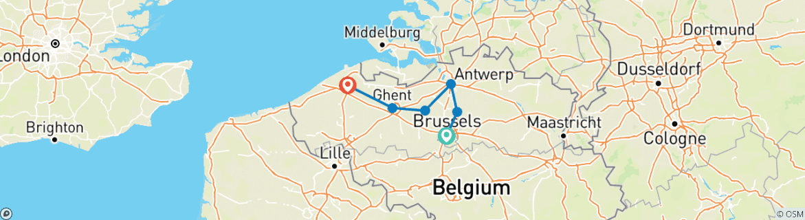 Map of Cycling from Brussels to Bruges