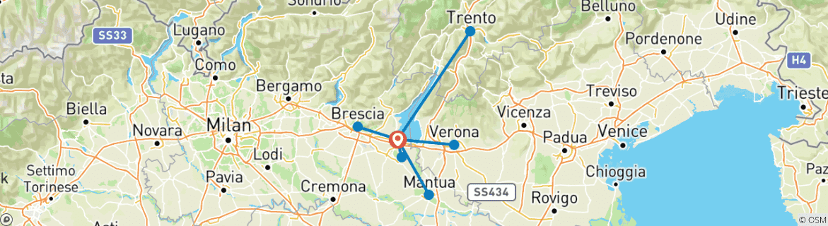 Map of Lake Garda – based in one hotel: Trento, Verona, Mantua and Brescia.