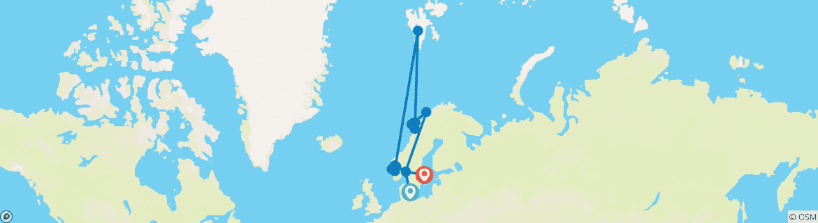 Kaart van De volledige Scandinavische avonturenreis - Kopenhagen, Balestrand, Flam, Bergen, Odda, Longyearbyen, Bodo, Moskenes, Kabelvag, Lofoten, Tromso, Oslo & Stockholm