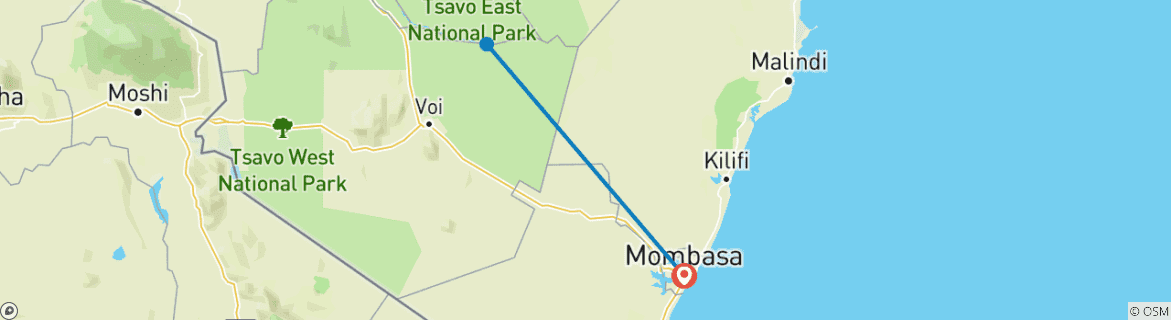 Mapa de Safari privado de 3 días al Tsavo desde Mombasa