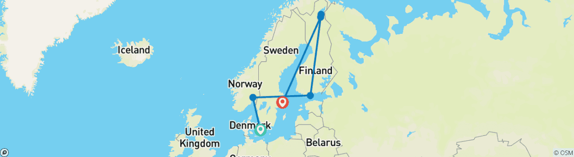 Kaart van Noordse hoofdsteden - Kopenhagen, Oslo, Helsinki & Stockholm - 15 dagen