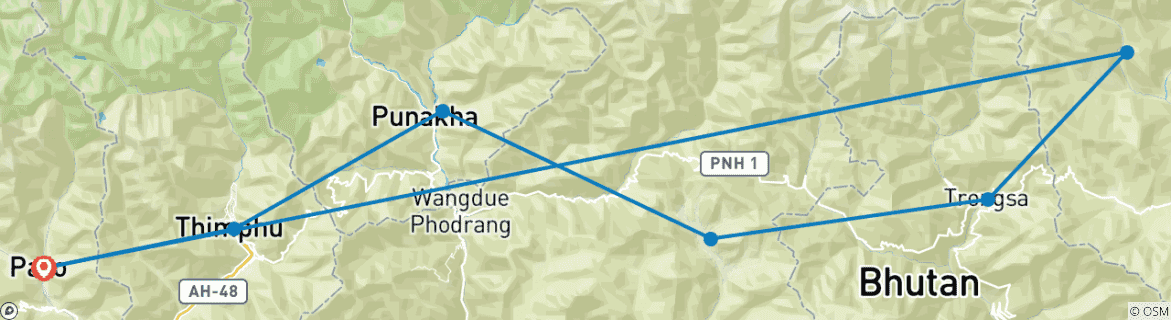 Map of Customized Western & Central Bhutan Vacation with Daily Departure