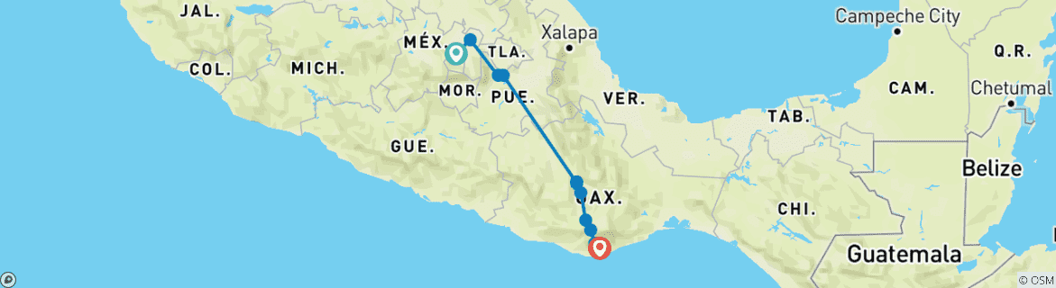 Carte du circuit Circuit gastronomique à Oaxaca : Tous les goûts de Monte Alban à Huatulco (10 jours)