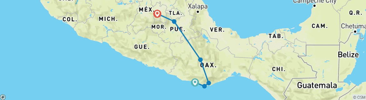 Map of Puerto Escondido tour: Enjoy Mexican Wonders from Mazunte to Oaxaca