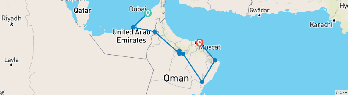 Kaart van Oman & de Arabische Emiraten – de hoogtepunten