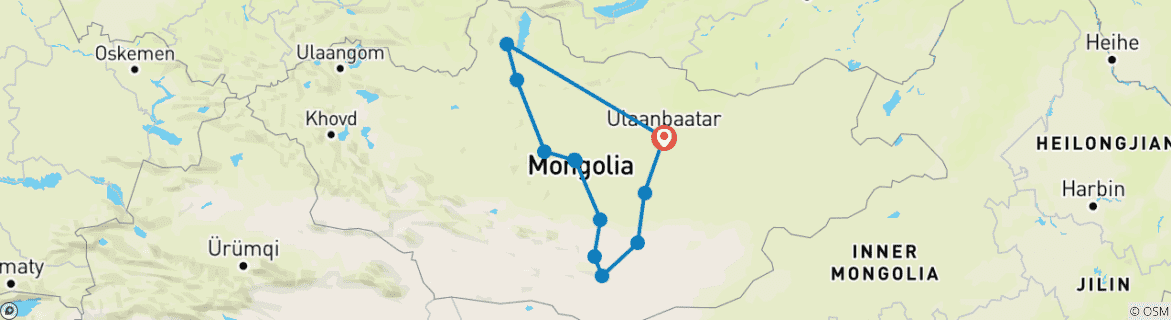 Carte du circuit Vacances personnalisées de 2 semaines en Mongolie avec guide et chauffeur privés