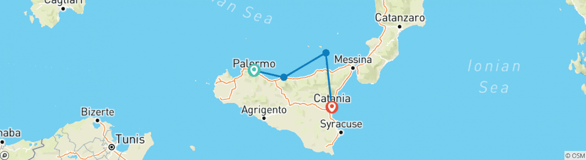 Carte du circuit Nord de la Sicile : îles et volcans