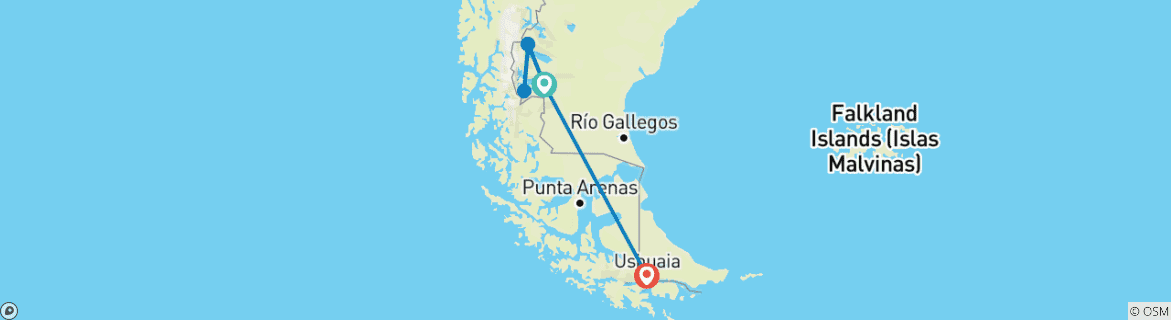 Carte du circuit Sud de la Patagonie : El Calafate, El Chalten et Ushuaia