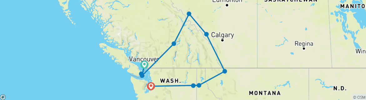 Carte du circuit Les Rocheuses canadiennes et la côte pacifique (petits groupes, fin Seattle, 14 jours)