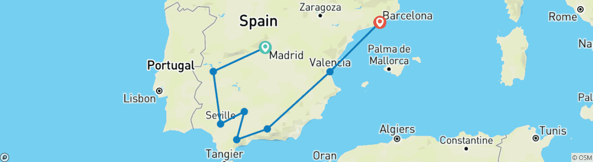 Image of a map showing the route of the tour