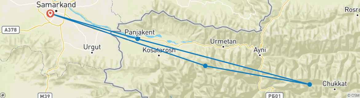 Map of Pendjikent and the Seven Lakes from Samarkand