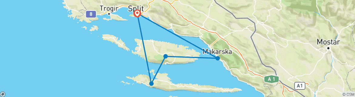 Kaart van Uitdagende 7-daagse fietstocht zonder gids langs de Dalmatische kust