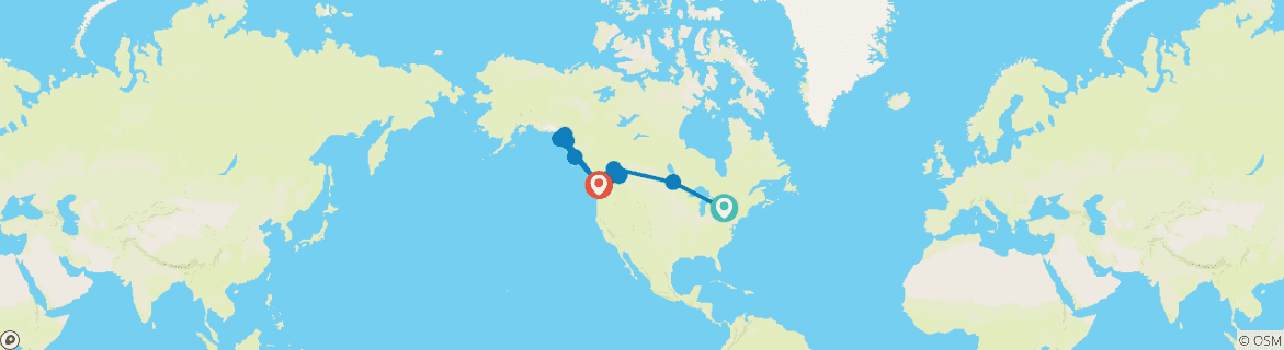 Carte du circuit Grand voyage ferroviaire au Canada avec croisière en Alaska