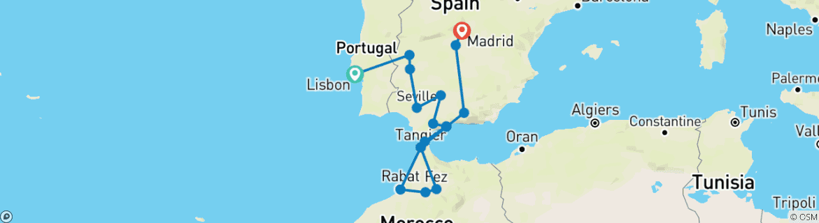 Carte du circuit Au départ de Lisbonne, 10 jours en Andalousie et au Maroc