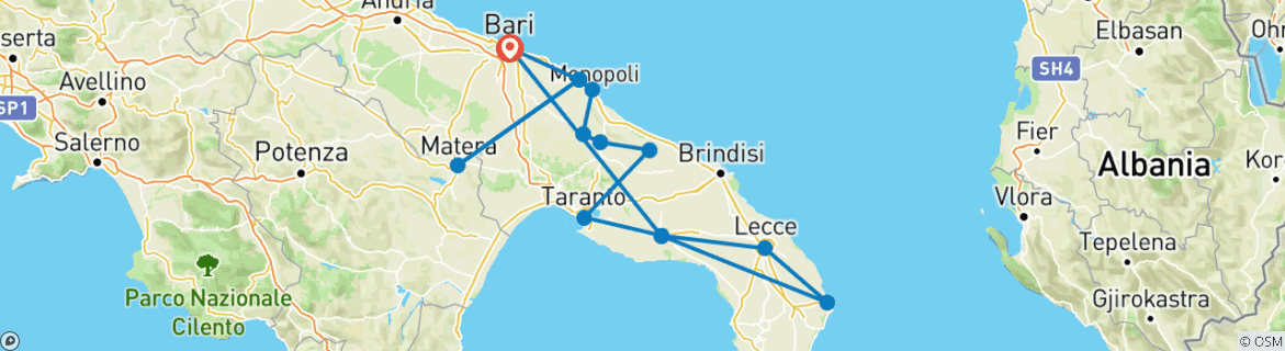 Carte du circuit Pouilles et Basilicate : Voyage privé à travers l'histoire, les saveurs et la détente des Pouilles.