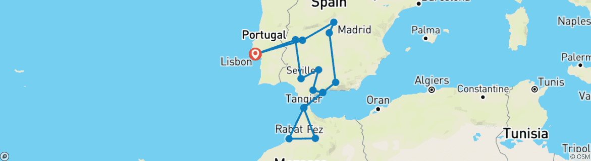 Mapa de Desde Lisboa 12 días Andalucía y Marruecos