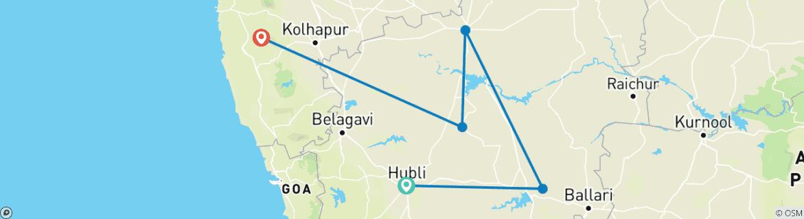 Map of Hubli to Hampi, Bijapur, Badami, and Goa Escapade