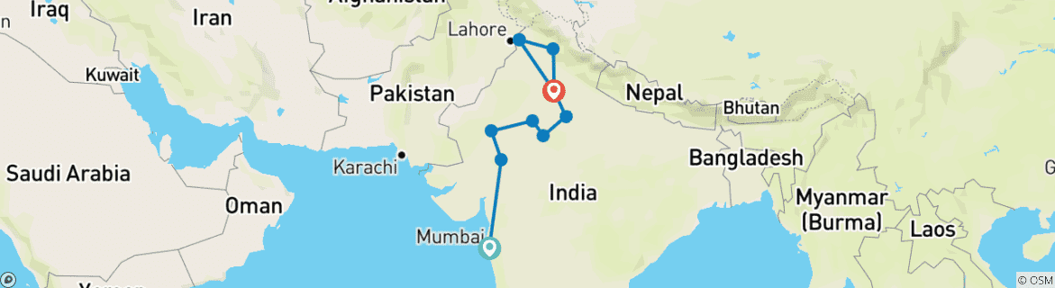 Image of a map showing the route of the tour