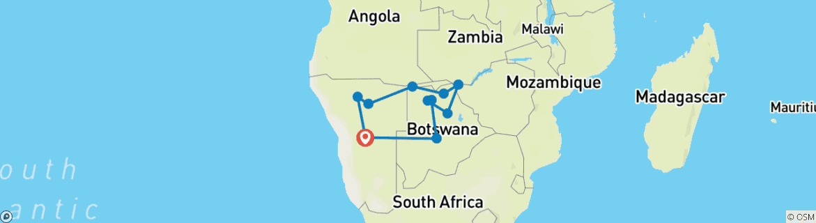 Kaart van Zambezi - een avontuurlijke rondreis - 21 dagen