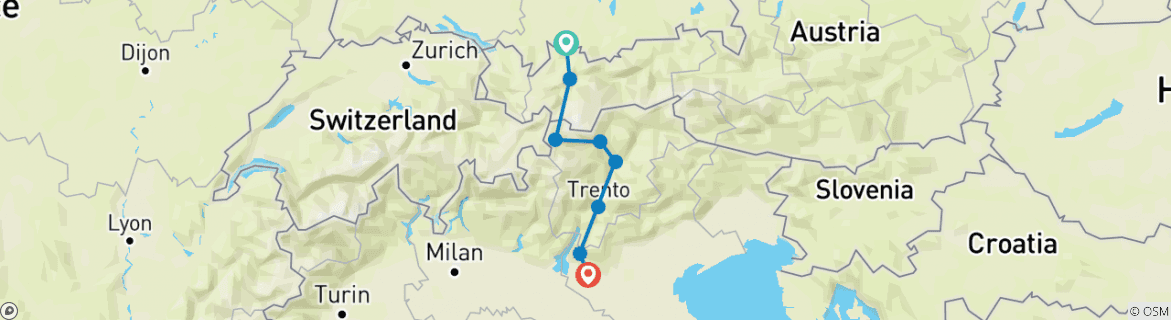 Carte du circuit Via Claudia Augusta de Füssen à Vérone - classique (9 jours)