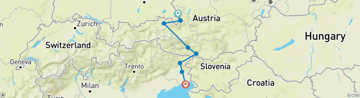 Image of a map showing the route of the tour