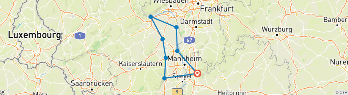 Image of a map showing the route of the tour