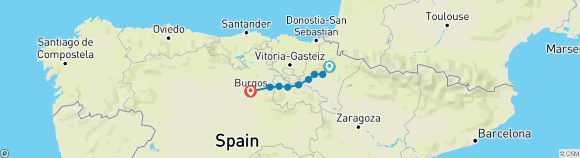 Image of a map showing the route of the tour