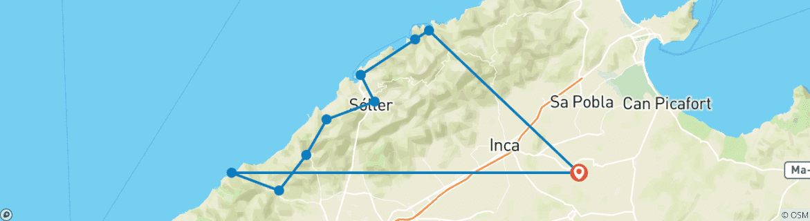 Image of a map showing the route of the tour