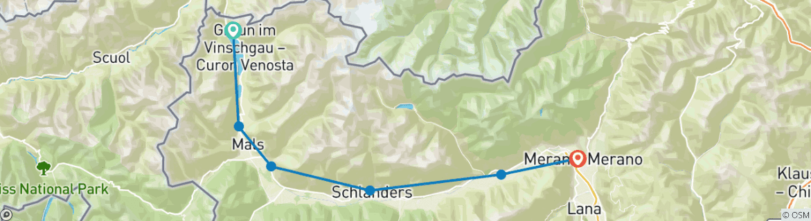 Image of a map showing the route of the tour