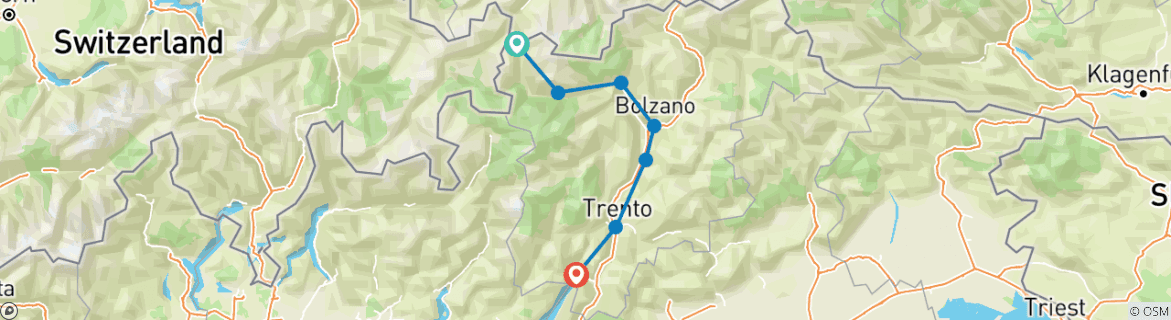 Image of a map showing the route of the tour