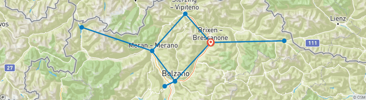 Image of a map showing the route of the tour